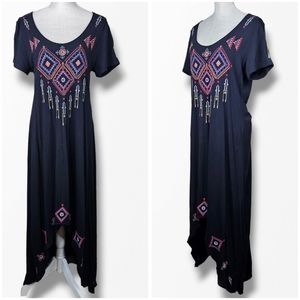 Johnny Was JW Los Angeles Large Hi-Low Maxi Dress Short Sleeve Embroidery Trim